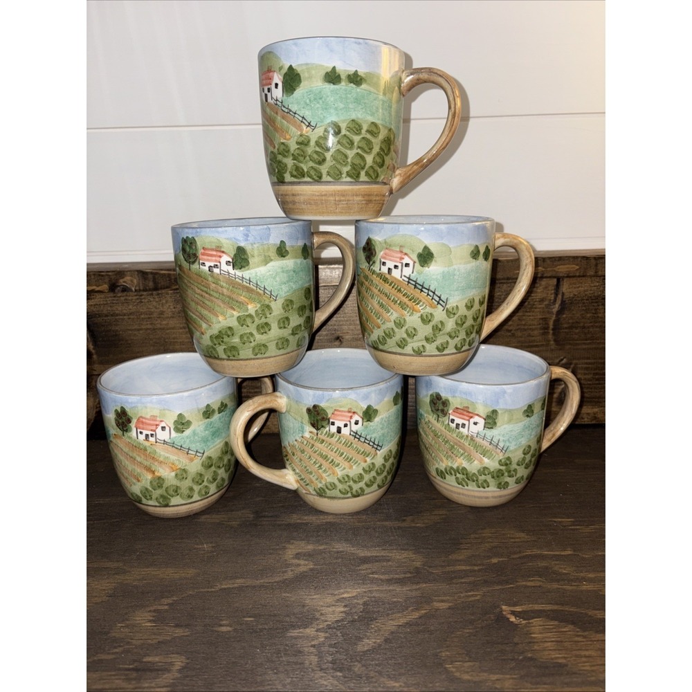 6 Vintage Salute Ceramics Hand painted Barn Scene Coffee Mugs 4"